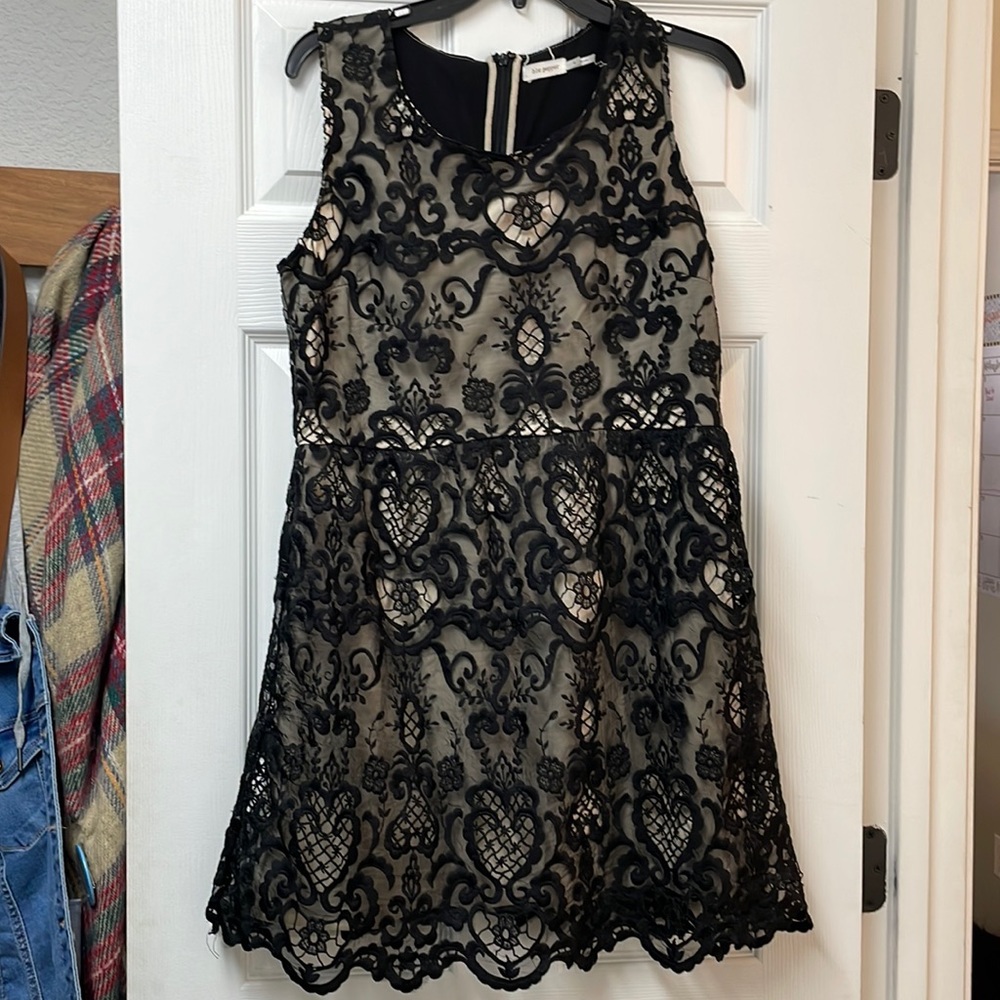 Black lace sleeveless dress. Size large, but more like a medium I think. Lined